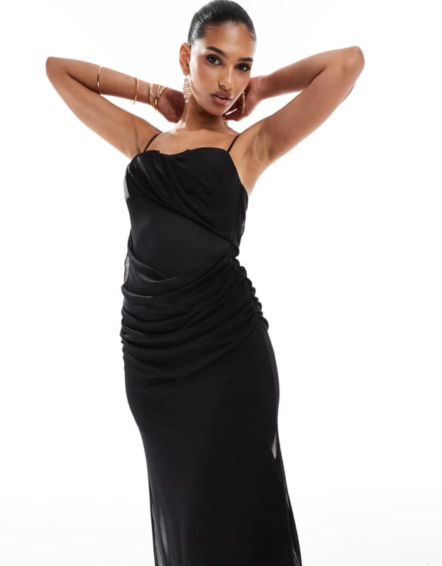 blue dress for baby girl Rent ASOS DESIGN Off Shoulder Draped Sleeves Corset Mesh Insert Midi Dress  In Black main image 0