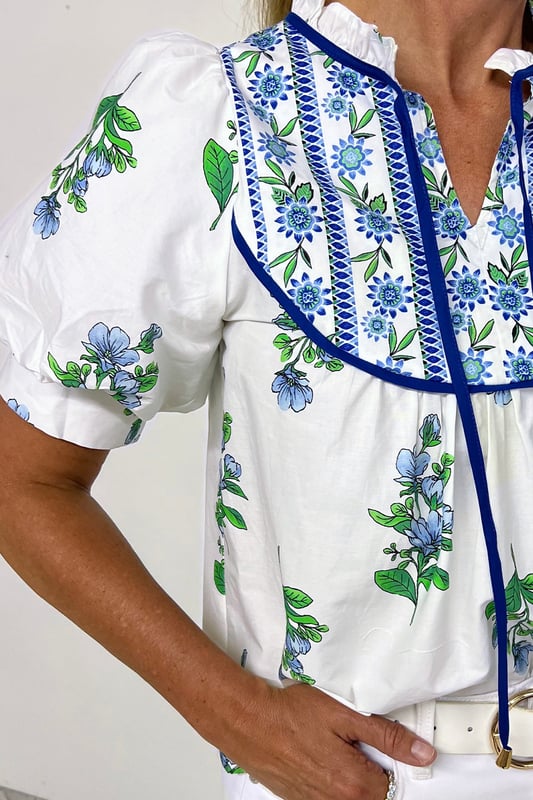 Front Open Tie Sleeves Cotton Floral Printed Top main image 1