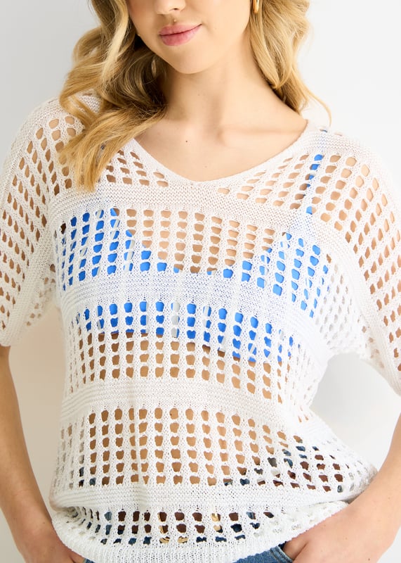 Fishnet Square Pattern Top White Fish Net Crochet Loose Fit Top