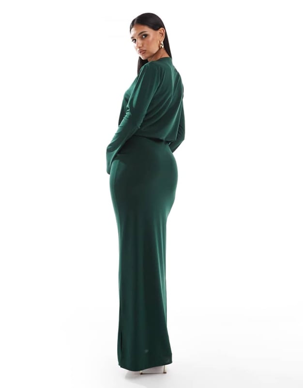 slim fit dress slacks ASOS DESIGN one shoulder ruched detail maxi dress with split in forest –  ASOS Sample Sale