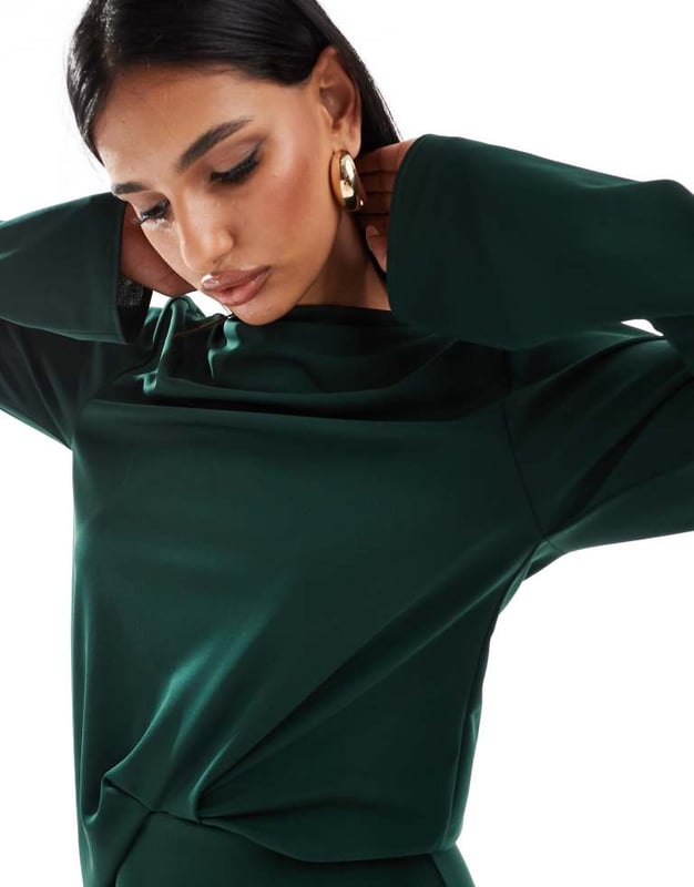 green emerald velvet dress Rent ASOS DESIGN Tall Plunge Neck Dropped Shoulder Pencil Midi Dress In Forest  Green main image 1