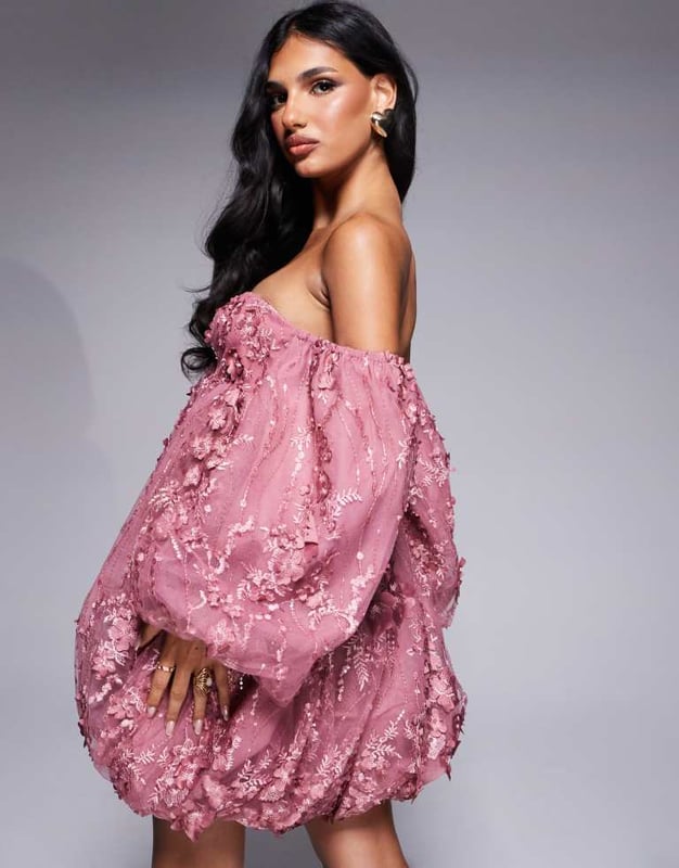 chinese dress ladies ASOS Luxe Lace Bubble Hem Mini Dress With Puff Sleeves In Pink
