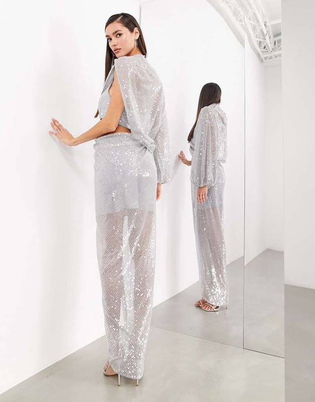 knee length dresses for ladies BALYKINA Tibi Silver Sequin Strapless Maxi Dress