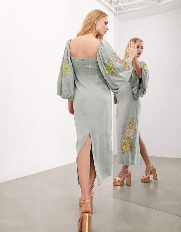green emerald velvet dress Asos Luxe Jacquard Bardot Fan Top Long Sleeve Mini Dress In Green Print main image 1