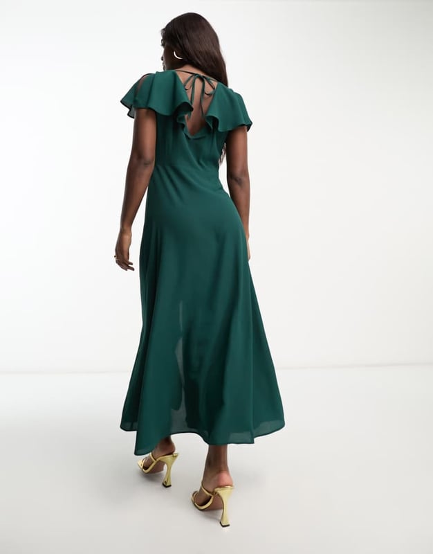 green emerald velvet dress Rent ASOS DESIGN Bare Shoulder Prom Scuba Midi Dress In Forest Green main image 0