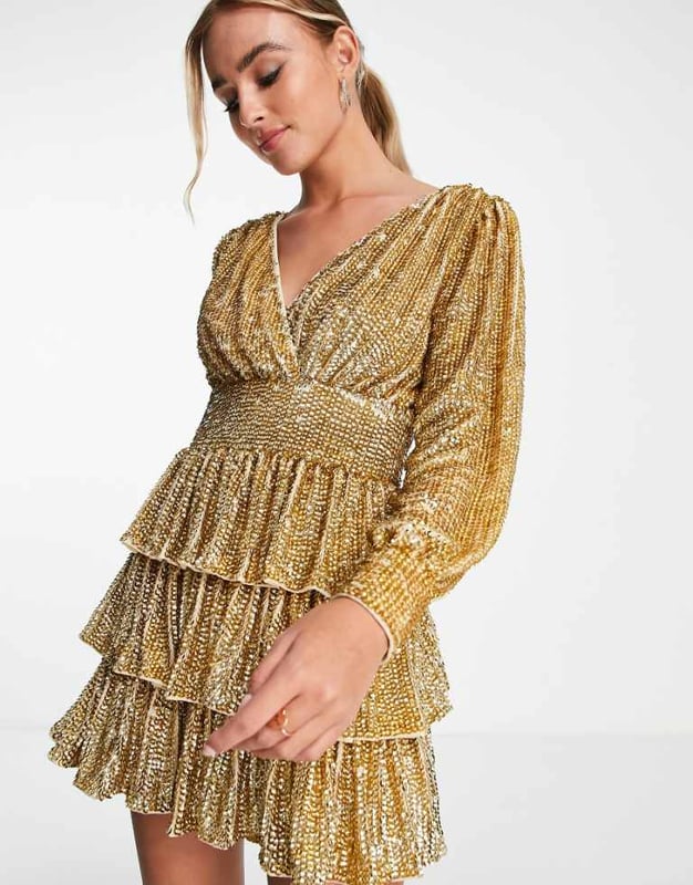 Miss Selfridge Premium festival embellished sequin tiered mini dress with  long sleeve in gold