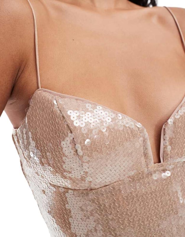 ASOS DESIGN underwired cup detail square neck cami dress in rose gold sheer  sequin