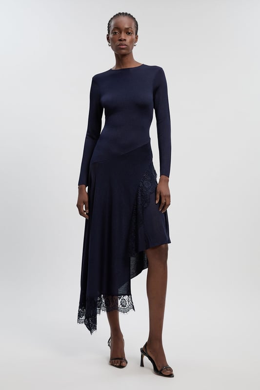 sachin and babi light blue dress Viscose Blend Slinky Sheer Lace Detail Asymmetric Knit Maxi Dress