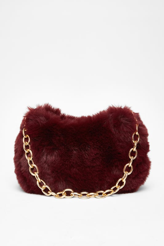 Black Leather & Burgundy Faux Fur Zip Pouch