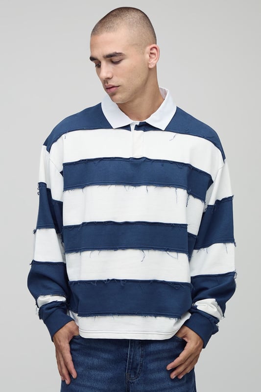 Oversized Boxy Distressed Long Sleeve Rugby Polo