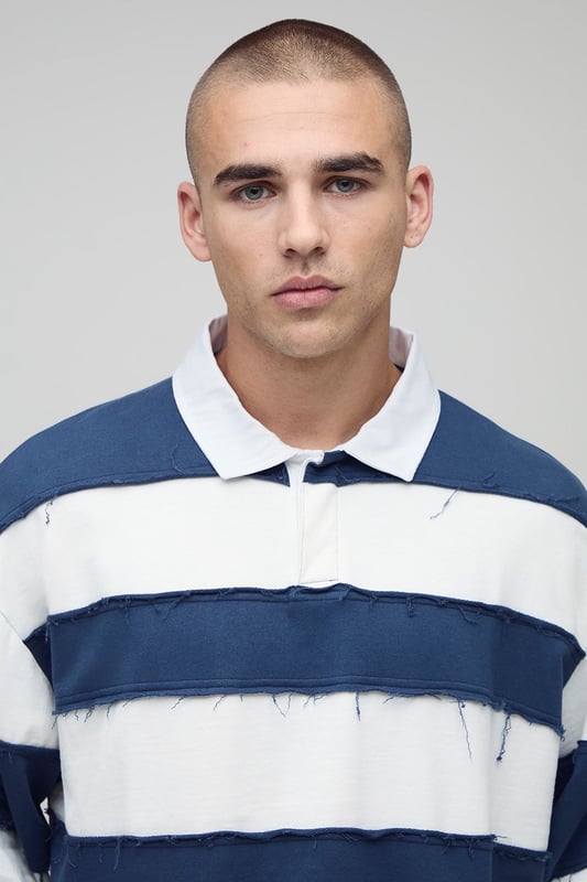Oversized Boxy Distressed Long Sleeve Rugby Polo