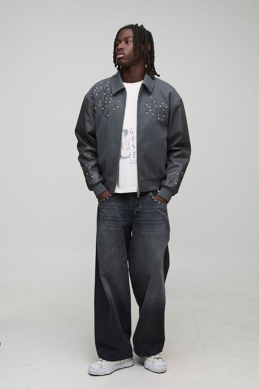 Boxy Embellished Cross Applique Melton Bomber Jacket