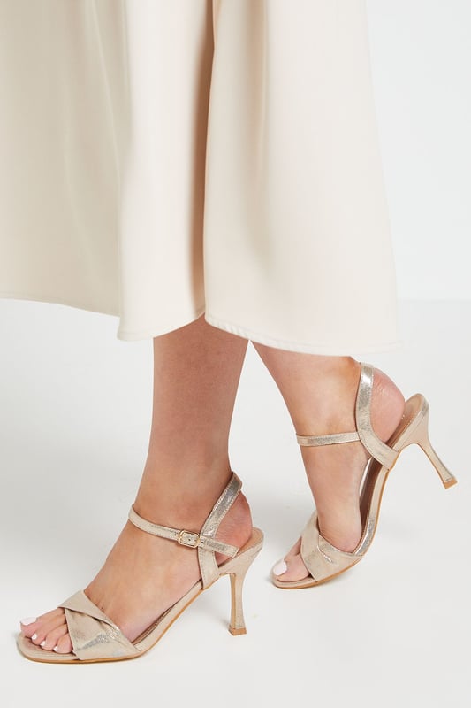 Wide Fit Sally Metallic Textile Soft Twist Front High Stiletto Heel Sandals