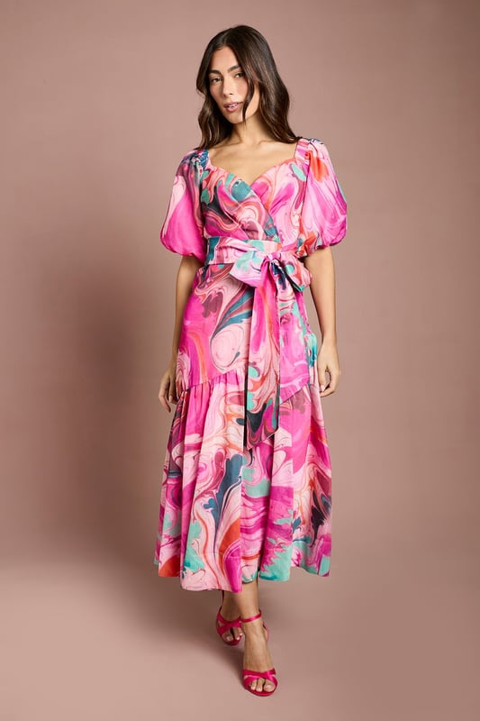 Printed Puff Sleeve Wrap Belted Midi Dress