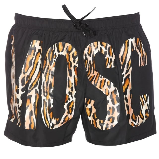 Moschino Black Swim Shorts, Elasticated Waistband, Drawstrings, Leopard Print Logo, 100% Polyester, Made In Italy, Large Brand Logo All Around, Brand Logo, Black Swim Wear