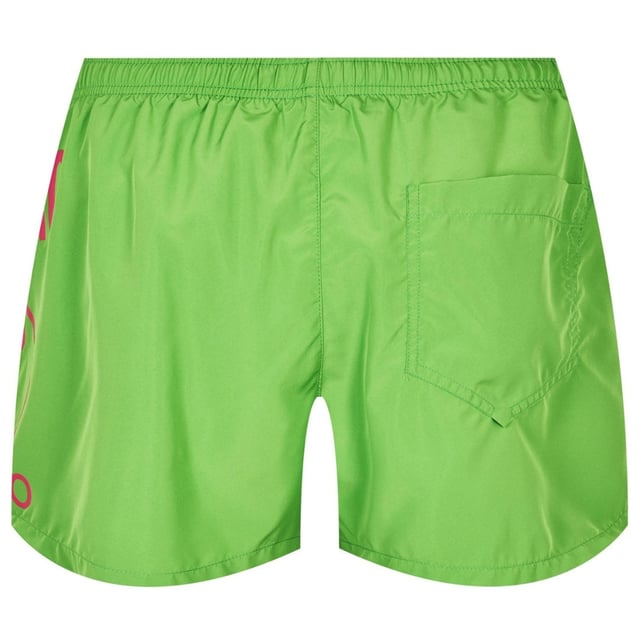Moschino groene zwemshort, elastische tailleband, trekkoorden, MIlano-stijl, 100% polyester, gemaakt in Italie, groot merklogo op de pijpen, merklogo, groene zwemkleding
