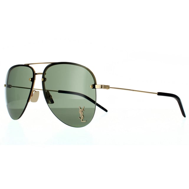 Saint Laurent Aviator Unisex Gold  Green Sunglasses Saint Laurent are a classic rimless aviator design with super slim metal temples, adjustable nose pads and plastic temple tips for a comfortable finish. One lens is embellished with the YSL logo for authenticity.