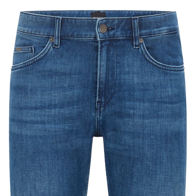 Mens BOSS Delaware3 Slim-Fit JEans in blue.slim fit- for a modern silhouette - stretch fabric for the best wearing comfort - finest Italian fabric by candiani - super soft hand feel that almost feels like wearing cashmere - mid blue used wash and buffies- 92% Cotton  6% Elastomultiester  2% Elastane.  Machine washable.- Ref: 50438747-420