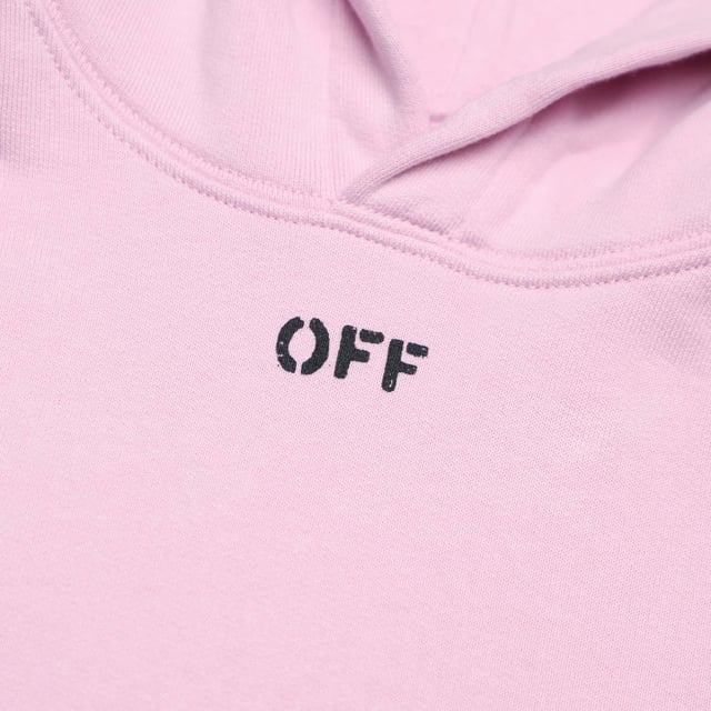 Juniors Off White Stamp Hoodie in pink - black.- Lined hood.- Kangaroo pocket.- Off stamp logo.- Diagonal details on the long sleeves.- Ribbed cuffs and hem.- 100% Cotton.- Ref: OGBB0020013010