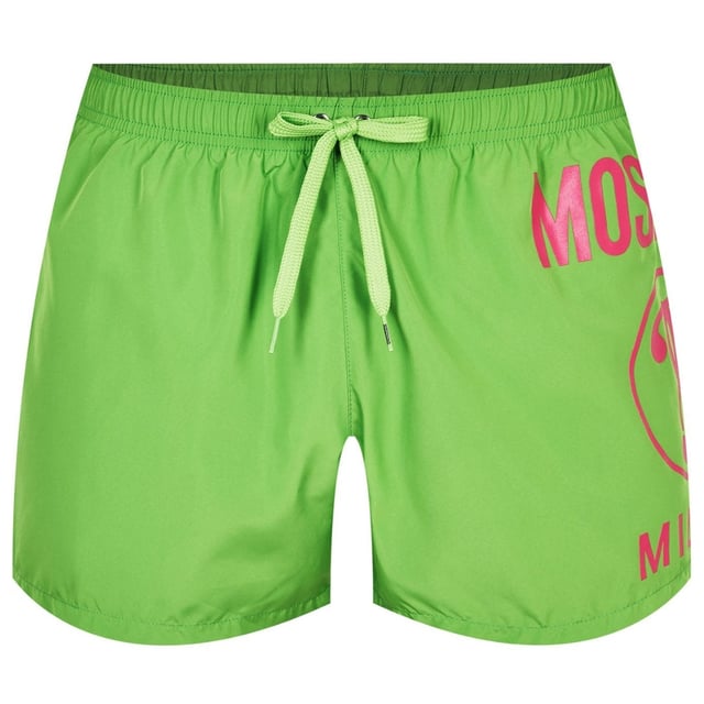 Moschino groene zwemshort, elastische tailleband, trekkoorden, MIlano-stijl, 100% polyester, gemaakt in Italie, groot merklogo op de pijpen, merklogo, groene zwemkleding