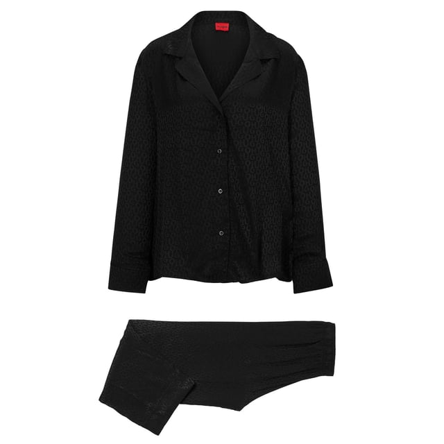 Womens Hugo Satinoir Pyjamas in black.- Spread collar.- Long sleeves with button cuffs.- Ful button fastening.- Elasticated waistband.- Ref: 50484438001