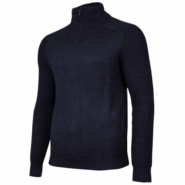 Einfarbiger Pullover für Herren von der Marke JOOP!. Hochwertiger Woll-Mix, Feinstrick mit Rippstrick kombiniert, Troyer-Kragen mit Reißverschluss.