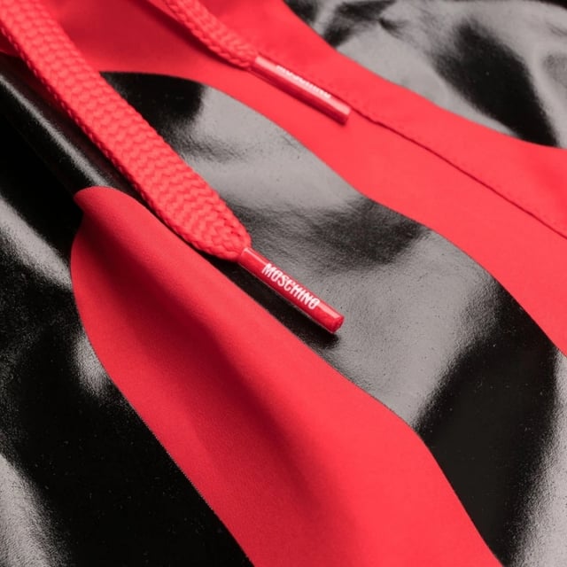 Moschino Red Swim Shorts, Elasticated Waistband, Drawstrings, All-over Print Logo, 100% Polyester, Made In Italy, Large Brand Logo All Around, Brand Logo, Red Swim Wear
