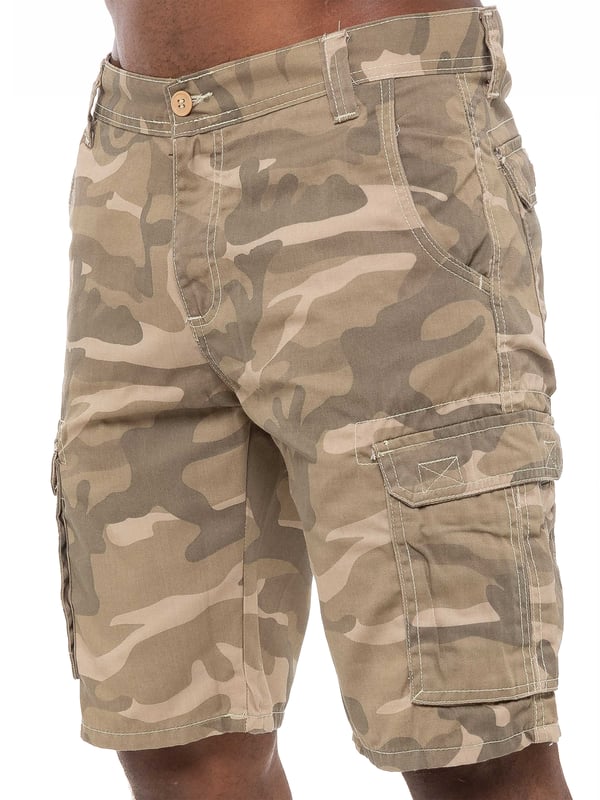Kruze Camo Shorts in Beige, 65% Polyester, 35% Cotton, Mid Rise, Regular Fit Shorts, Featuring 2 Front Pockets, 2 Buttoned Back Pockets and 2 Velcro Side Pockets and Zip Fly Fastening, Machine washable, For Casual Occasions