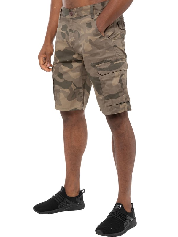 Pantalones cortos de camuflaje Kruze en caqui claro, 65% poliéster, 35% algodón, media altura, pantalones cortos de ajuste regular, con 2 bolsillos delanteros, 2 bolsillos traseros abotonados y 2 bolsillos laterales Velcro y cierre de mosca con cremallera, lavables a máquina, para ocasiones casuales