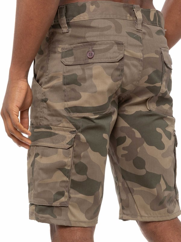 Pantalones cortos de camuflaje Kruze en caqui claro, 65% poliéster, 35% algodón, media altura, pantalones cortos de ajuste regular, con 2 bolsillos delanteros, 2 bolsillos traseros abotonados y 2 bolsillos laterales Velcro y cierre de mosca con cremallera, lavables a máquina, para ocasiones casuales