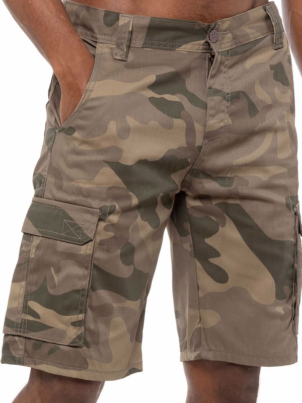 Pantalones cortos de camuflaje Kruze en caqui claro, 65% poliéster, 35% algodón, media altura, pantalones cortos de ajuste regular, con 2 bolsillos delanteros, 2 bolsillos traseros abotonados y 2 bolsillos laterales Velcro y cierre de mosca con cremallera, lavables a máquina, para ocasiones casuales