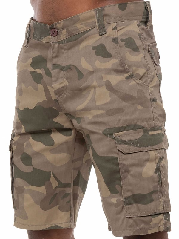Pantalones cortos de camuflaje Kruze en caqui claro, 65% poliéster, 35% algodón, media altura, pantalones cortos de ajuste regular, con 2 bolsillos delanteros, 2 bolsillos traseros abotonados y 2 bolsillos laterales Velcro y cierre de mosca con cremallera, lavables a máquina, para ocasiones casuales