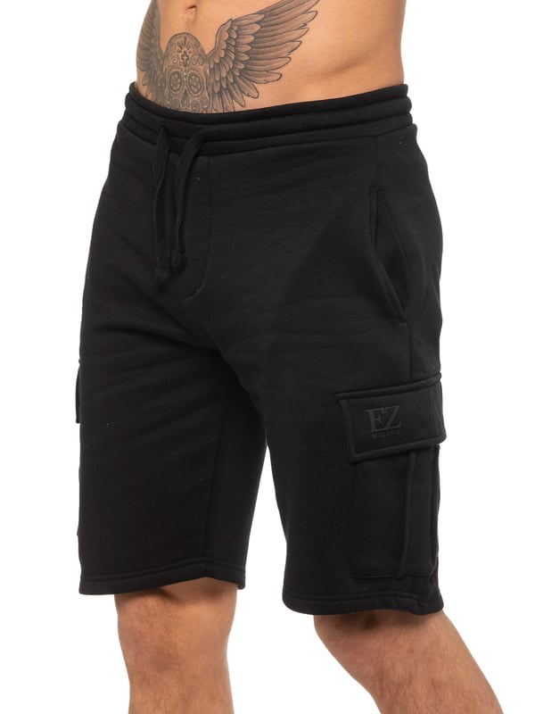 Enzo Mens Cargo Shorts. Features 2 Cargo Pockets and 2 Side Slash Pockets. EZ logo On Pocket. Elasticated Waistband With Adjustable Drawsting.