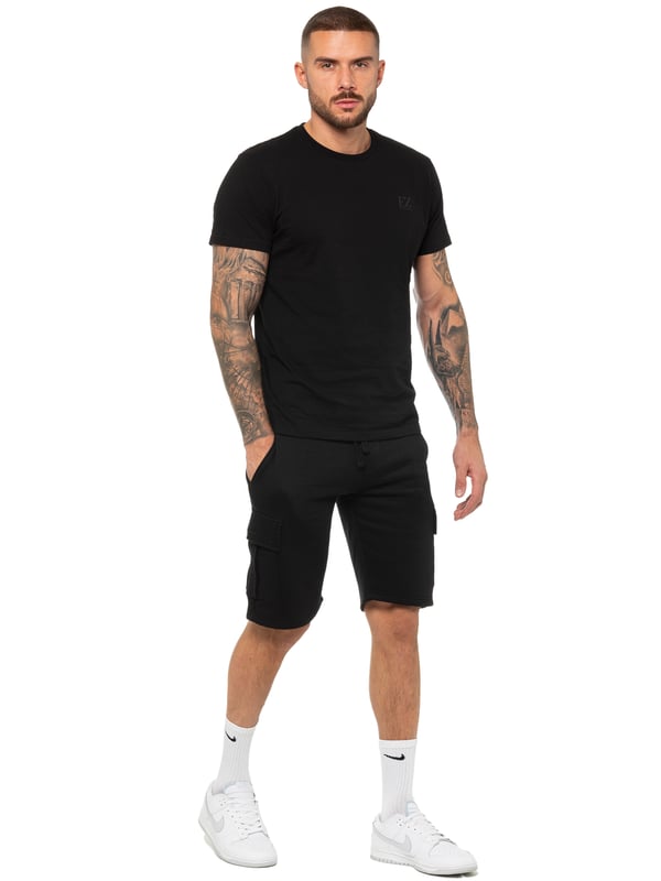 Enzo Mens Cargo Shorts. Features 2 Cargo Pockets and 2 Side Slash Pockets. EZ logo On Pocket. Elasticated Waistband With Adjustable Drawsting.
