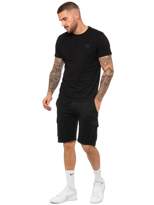Enzo Mens Cargo Shorts. Features 2 Cargo Pockets and 2 Side Slash Pockets. EZ logo On Pocket. Elasticated Waistband With Adjustable Drawsting.