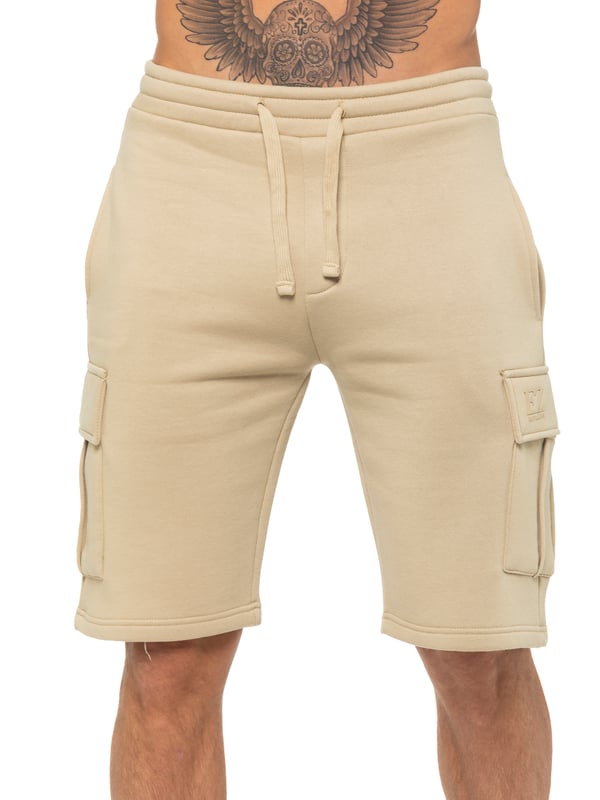 Enzo Mens Cargo Shorts. Features 2 Cargo Pockets and 2 Side Slash Pockets. EZ logo On Pocket. Elasticated Waistband With Adjustable Drawsting.