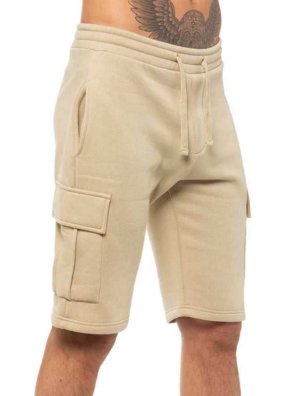 Enzo Mens Cargo Shorts. Features 2 Cargo Pockets and 2 Side Slash Pockets. EZ logo On Pocket. Elasticated Waistband With Adjustable Drawsting.