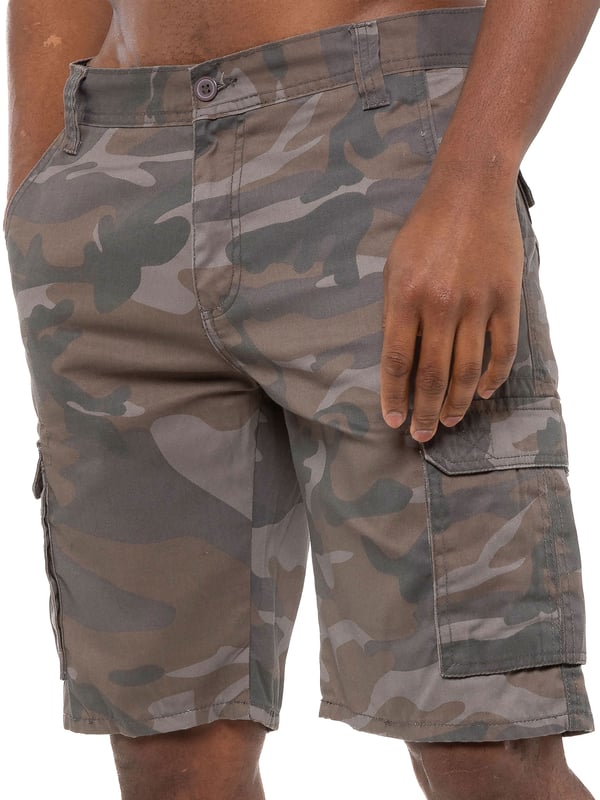 Pantalones cortos de camuflaje Kruze en gris, 65% poliéster, 35% algodón, media altura, pantalones cortos de ajuste regular, con 2 bolsillos delanteros, 2 bolsillos traseros abotonados y 2 bolsillos laterales Velcro y cierre de cremallera para mosca, lavables a máquina, para ocasiones casuales