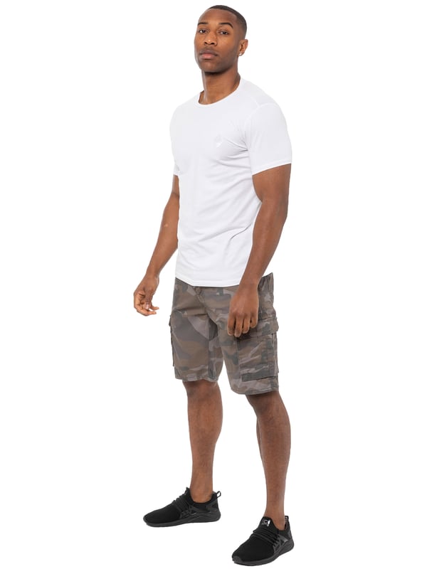Pantalones cortos de camuflaje Kruze en gris, 65% poliéster, 35% algodón, media altura, pantalones cortos de ajuste regular, con 2 bolsillos delanteros, 2 bolsillos traseros abotonados y 2 bolsillos laterales Velcro y cierre de cremallera para mosca, lavables a máquina, para ocasiones casuales