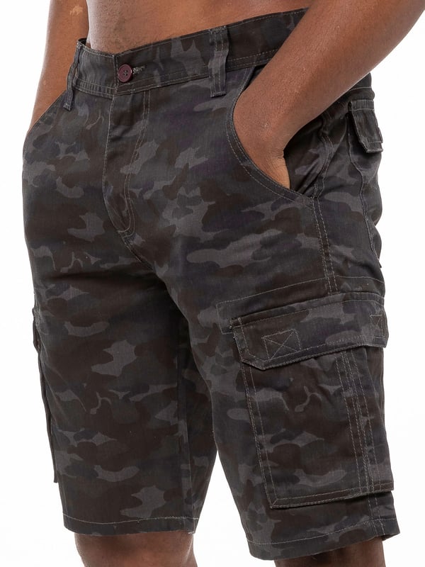 Kruze Camo Shorts in VNT Khaki, 65% Polyester, 35% Cotton, Mid Rise, Regular Fit Shorts, Featuring 2 Front Pockets, 2 Buttoned Back Pockets and 2 Velcro Side Pockets and Zip Fly Fastening, Machine washable, For Casual Occasions