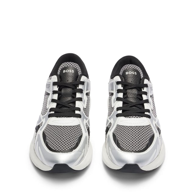 Runner inspired sneaker introduced in the SR23 Collection, for the daily urban use. Upper made of mesh, thermo and rubber synthetic leather for a fresh sporty look. BOSS embossed logo on quarter and on the backtab, printed logo on tongue. Ref: 50504289041.