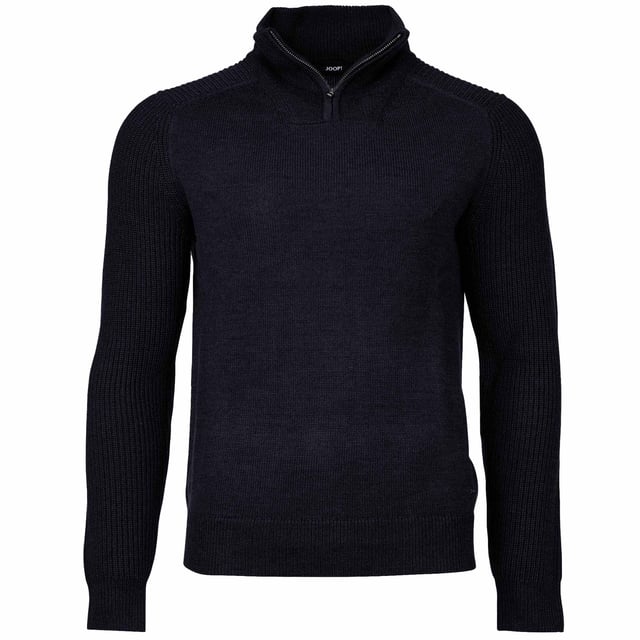Einfarbiger Pullover für Herren von der Marke JOOP!. Hochwertiger Woll-Mix, Feinstrick mit Rippstrick kombiniert, Troyer-Kragen mit Reißverschluss.