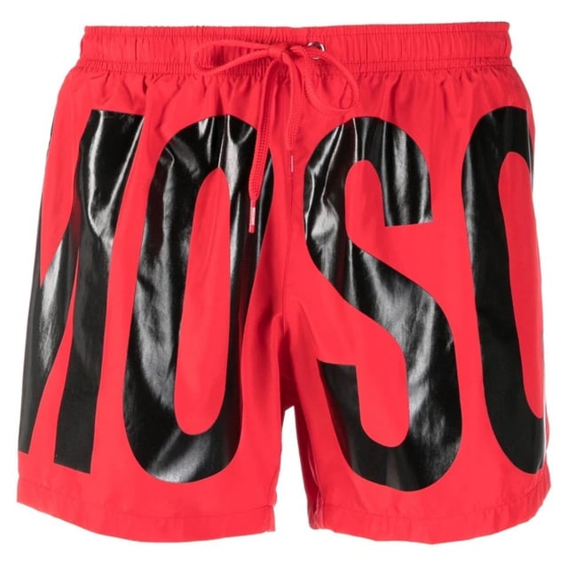 Moschino Red Swim Shorts, Elasticated Waistband, Drawstrings, All-over Print Logo, 100% Polyester, Made In Italy, Large Brand Logo All Around, Brand Logo, Red Swim Wear