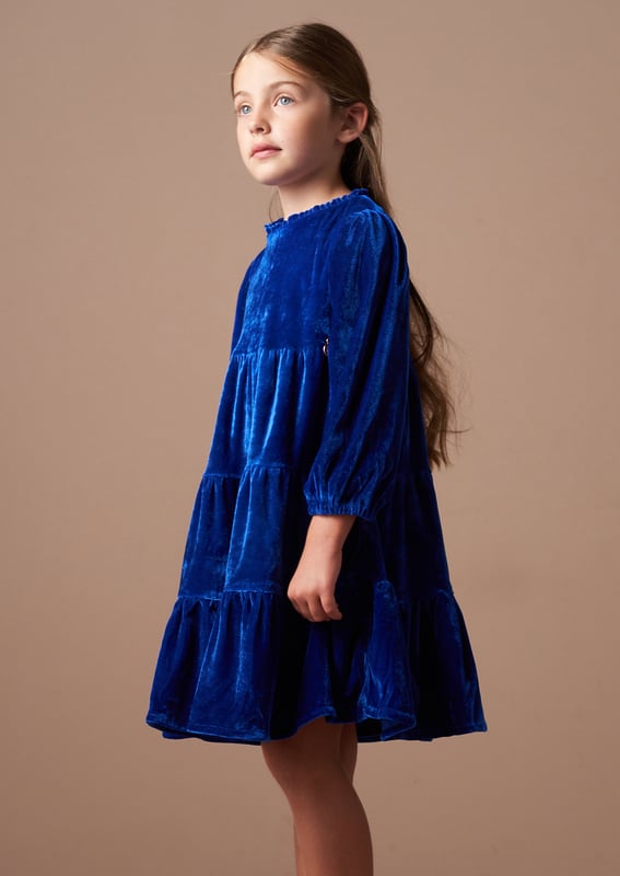Get ready for seasonal celebrations with this rich blue velvet tiered dress. In a classic colour with a long sleeve and lots of volume through the skirt, it's stunning.