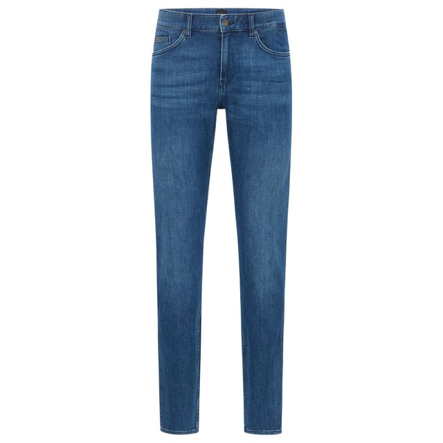 Mens BOSS Delaware3 Slim-Fit JEans in blue.slim fit- for a modern silhouette - stretch fabric for the best wearing comfort - finest Italian fabric by candiani - super soft hand feel that almost feels like wearing cashmere - mid blue used wash and buffies- 92% Cotton  6% Elastomultiester  2% Elastane.  Machine washable.- Ref: 50438747-420