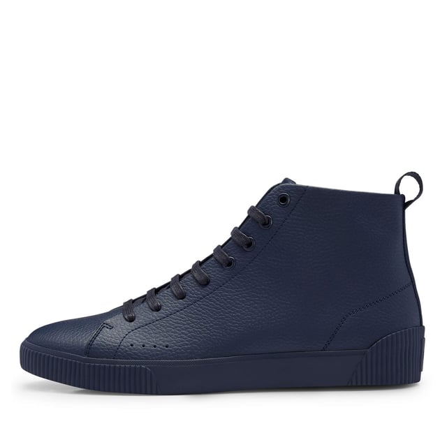 Men's Hugo Zero Hi-Top Trainers in Dark Blue Mens HUGO Zero Hi-Top Trainers in dark blue.- Grainy leather Rubber sole- Construction: Cemented- Big woven label with reversed logo HUGO icon- Ref: 50471336-401