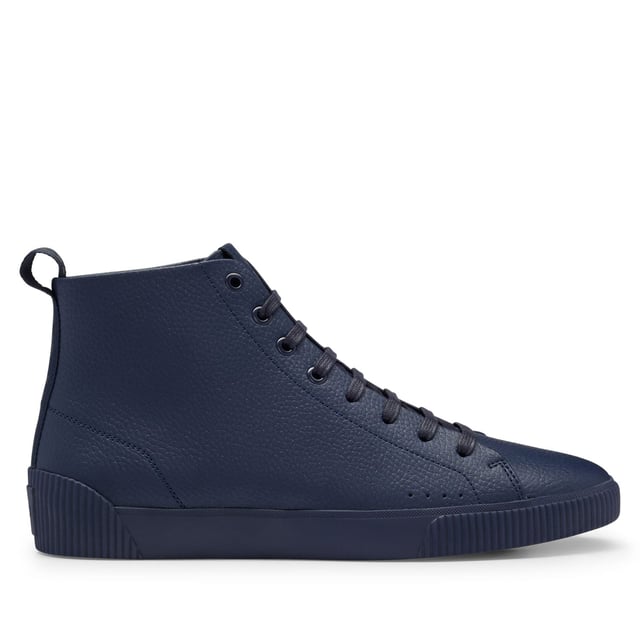 Men's Hugo Zero Hi-Top Trainers in Dark Blue Mens HUGO Zero Hi-Top Trainers in dark blue.- Grainy leather Rubber sole- Construction: Cemented- Big woven label with reversed logo HUGO icon- Ref: 50471336-401