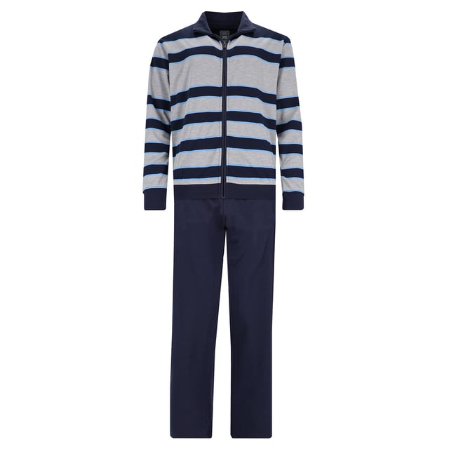 Sportiver Homewear-Anzug von der Marke hajo. Zipper-Jacke und lange Hose. Interlock aus weichem Baumwoll-Mix - bügelfrei, atmungsaktiv, hautsympathisch.