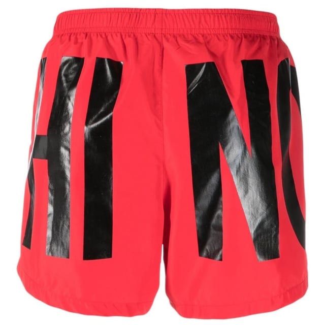 Moschino Red Swim Shorts, Elasticated Waistband, Drawstrings, All-over Print Logo, 100% Polyester, Made In Italy, Large Brand Logo All Around, Brand Logo, Red Swim Wear