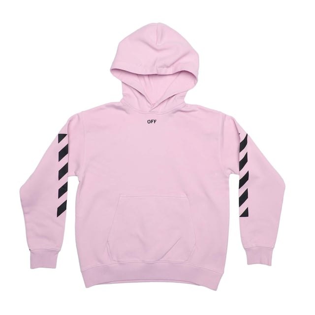 Juniors Off White Stamp Hoodie in pink - black.- Lined hood.- Kangaroo pocket.- Off stamp logo.- Diagonal details on the long sleeves.- Ribbed cuffs and hem.- 100% Cotton.- Ref: OGBB0020013010